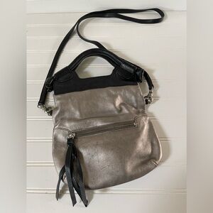 Foley & Corinna Silver Black Metallic Leather Sack Bag Shoulder Strap